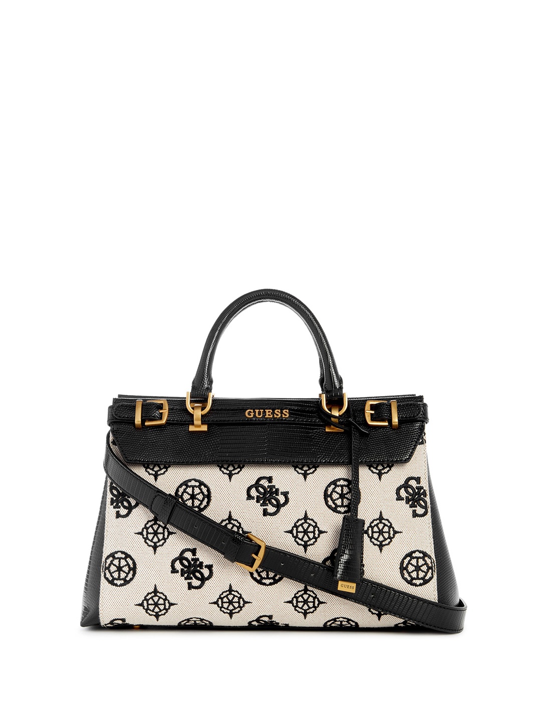 

GUESS Printed Structured Handheld Bag with Cut Work, Black