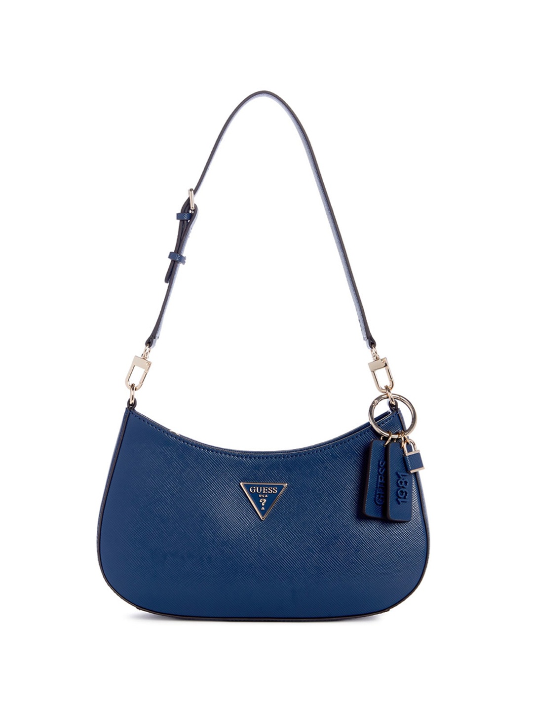

GUESS PU Textured Half Moon Sling Bag with Tasselled, Navy blue