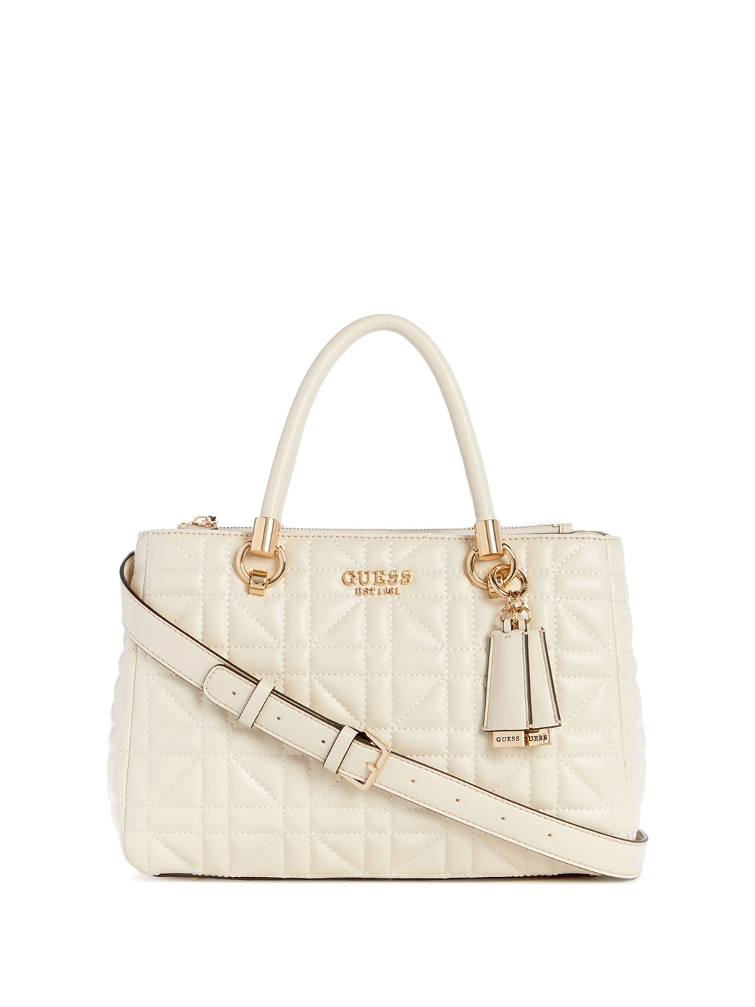 

GUESS Women Pu Quilted Satchel Bag, Off white