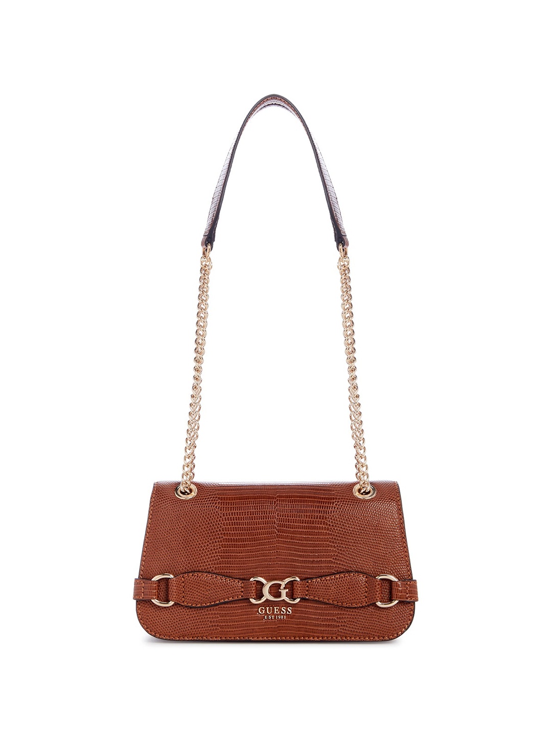 

GUESS Women Solid Textured PU Structured Shoulder Bag with Applique, Brown