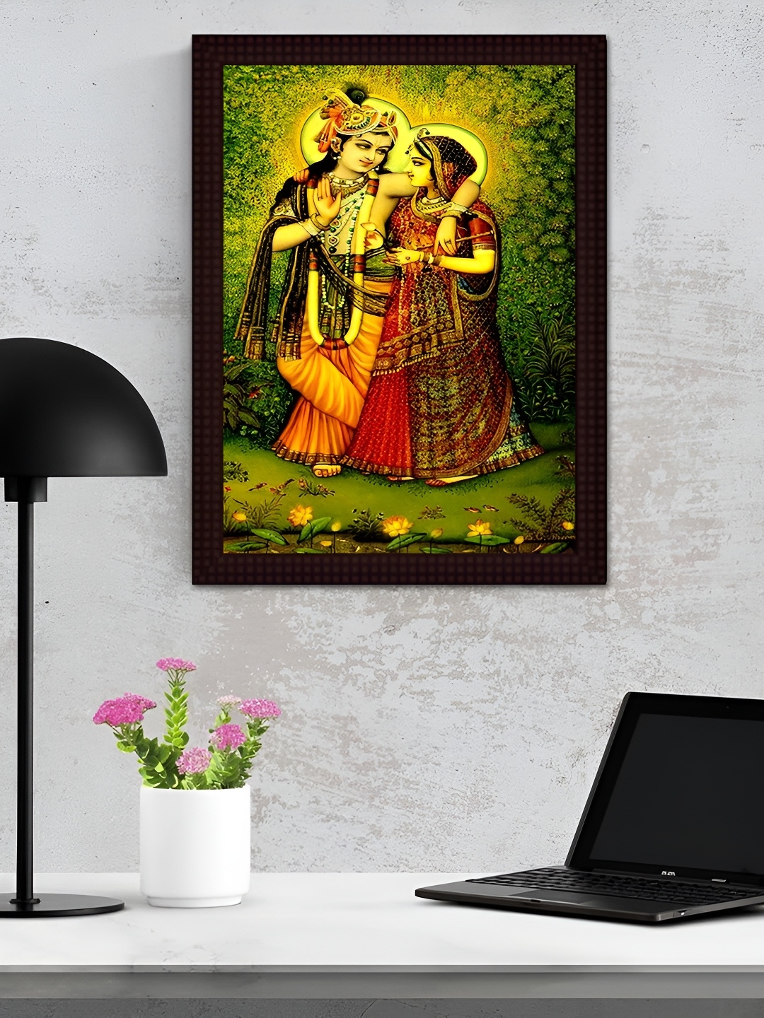 Tamatina Green & Yellow Radha Krishna Religious Printed Wooden Wall Art