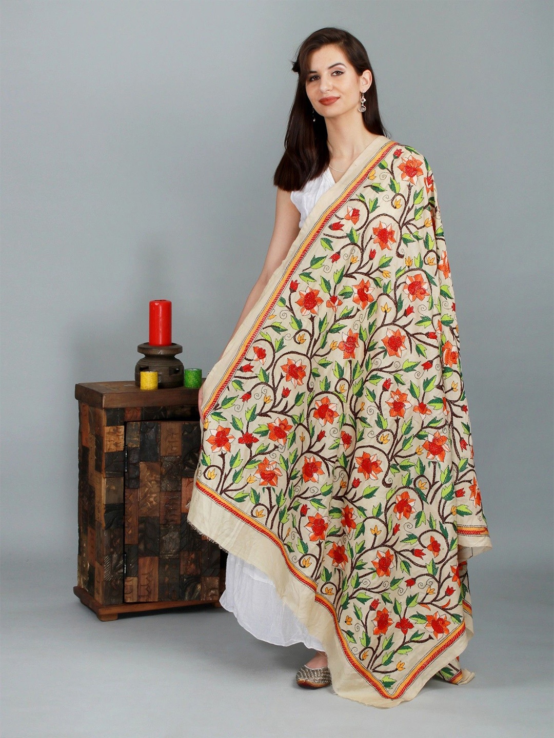 

Exotic India Nakshi Kantha Embroidered Tussar Silk Dupatta, Beige