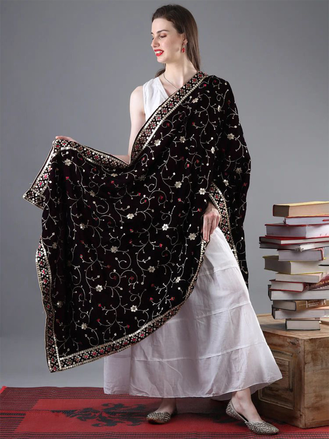 

Exotic India Deep Wine Velvet Dupatta with Zari and Sequinned Flower Embroidered Bails, Black