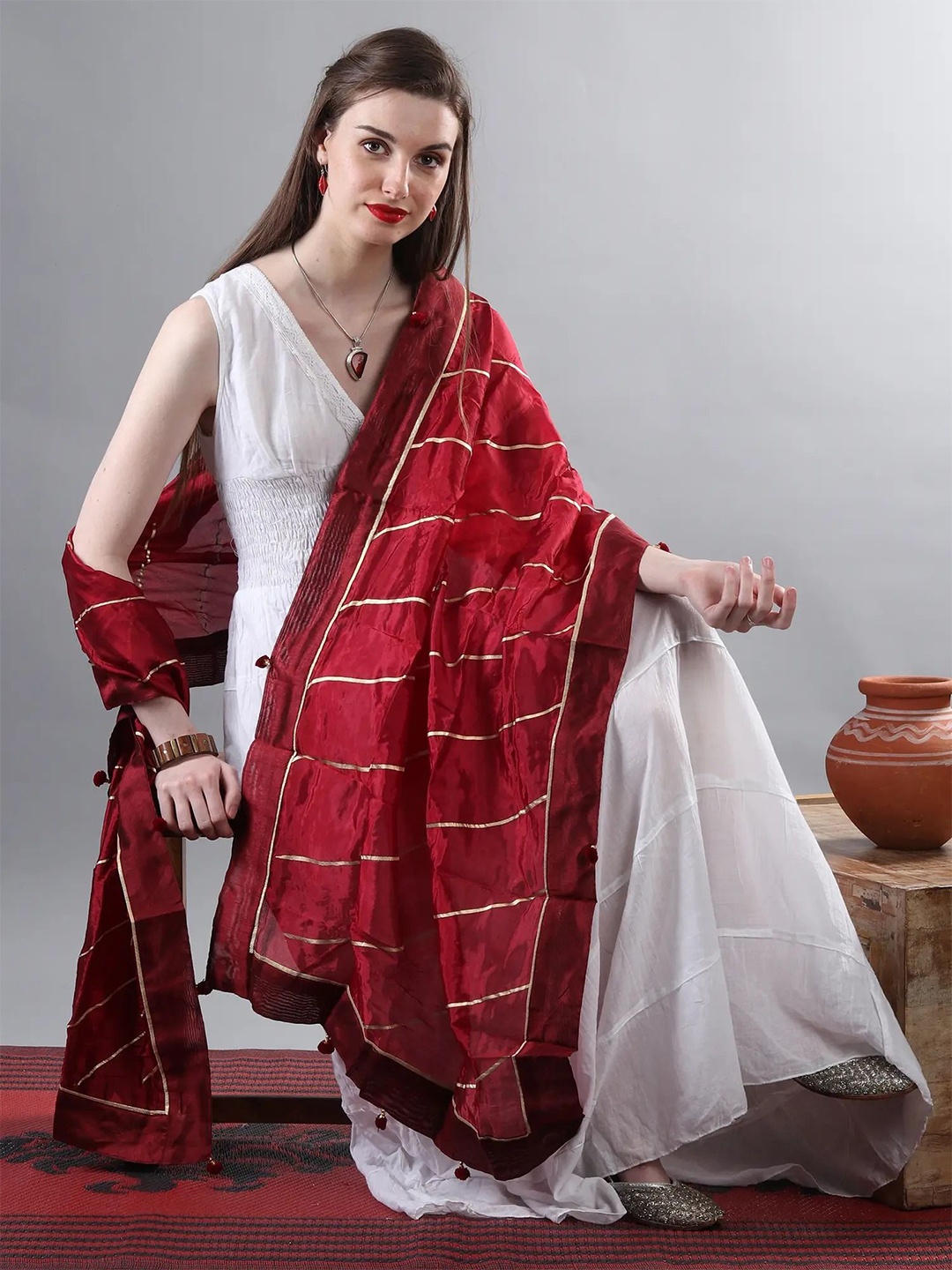 

Exotic India Women Striped Woven Design Dupatta with Gotta Patti, Red