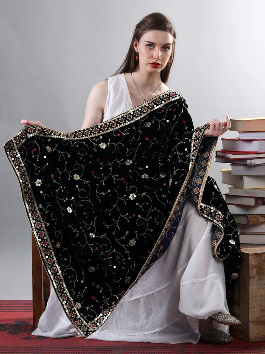 

Exotic India Navy Blue Velvet Dupatta with Zari and Sequinned Flower Embroidered Bails, Black