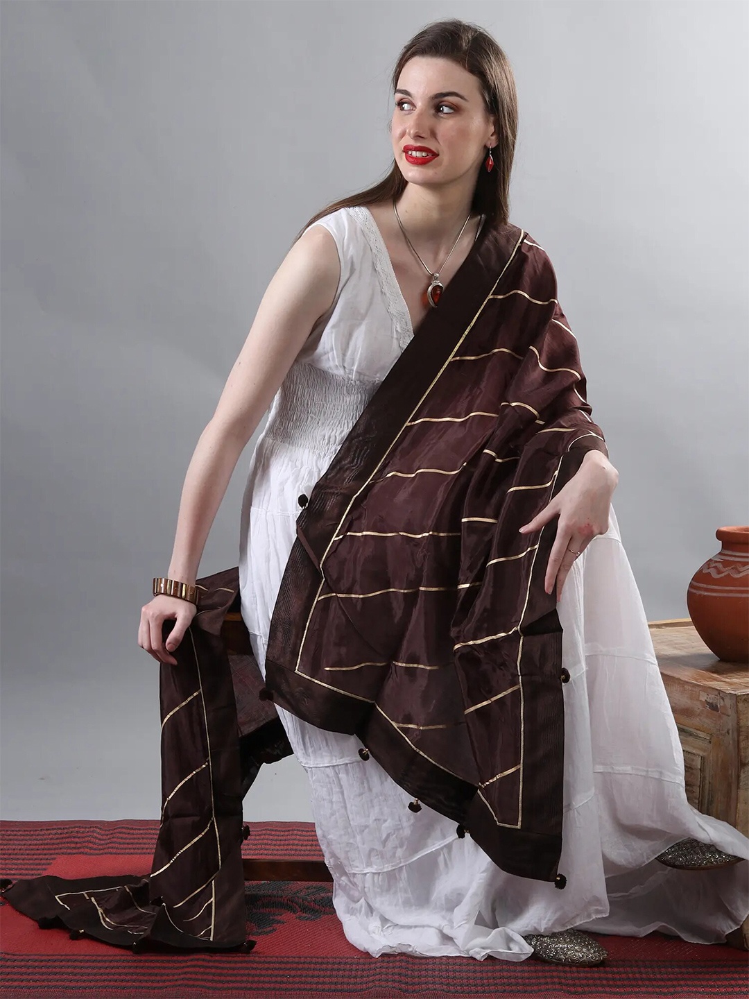 

Exotic India Umber Brown Gota Silk Dupatta with Patch Border and Pom-Poms