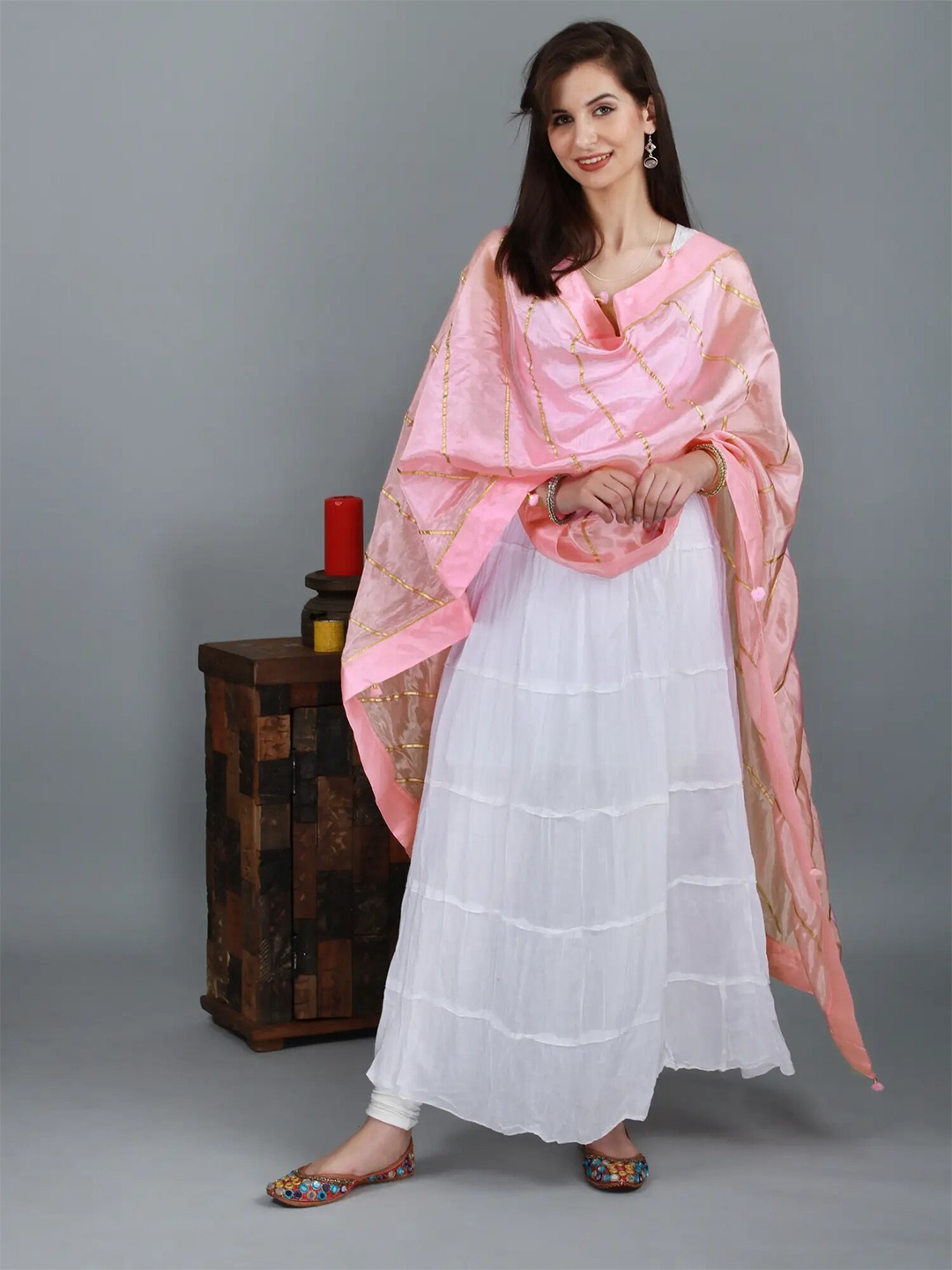 

Exotic India Sweet Dreams Gota Silk Dupatta with Patch Border and Pom-Poms, Pink