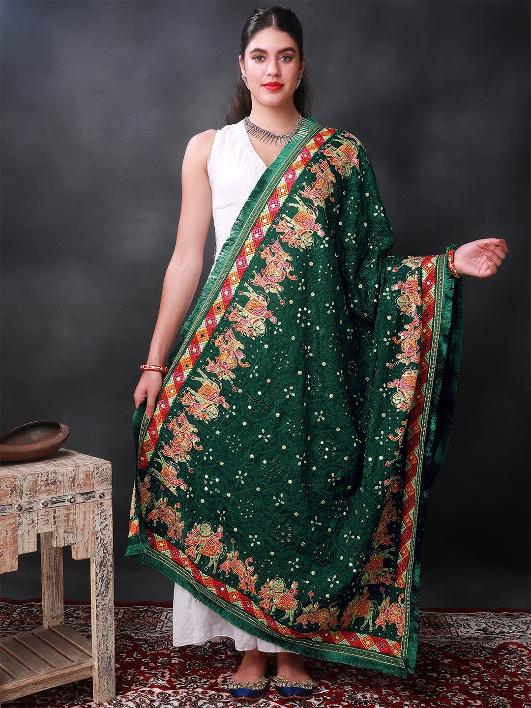 

Exotic India Ethnic Motifs Embroidered Dupatta with Phulkari, Green