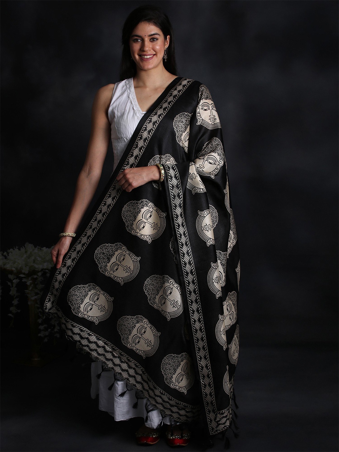 

Exotic India Ethnic Motifs Printed Dupatta, Black