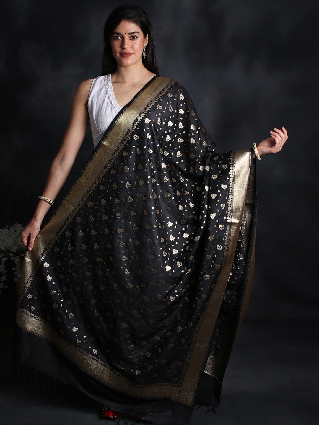 

Exotic India Ethnic Motifs Woven Design Art Silk Dupatta with Zari, Black