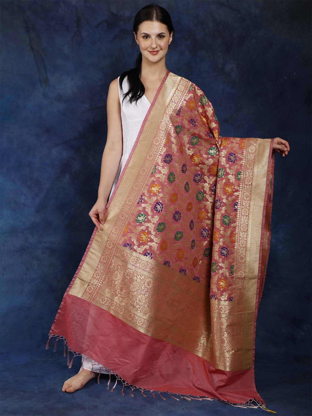 

Exotic India Banarasi Extra-Wide Dupatta with Woven Rose Meena Motif & Zari Border