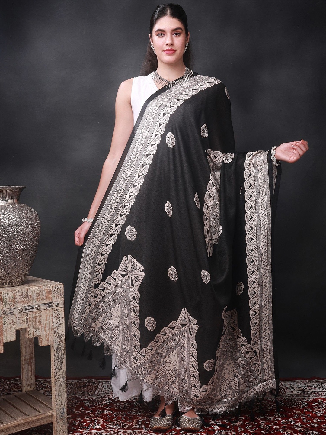 

Exotic India Black Batik Abstract Motif Printed Banglori Satin Dupatta with Tassels
