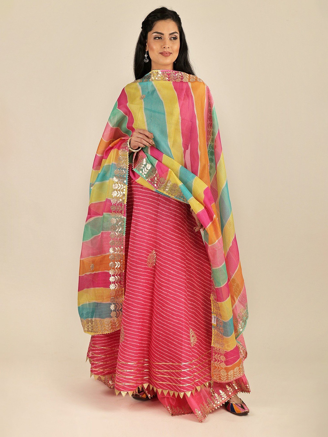 

Exotic India Multi Color Leheria Kota Doria Cotton Jodhpuri Dupatta with Gota Border, Pink