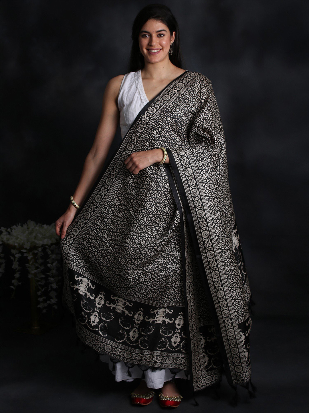 

Exotic India Ethnic Motifs Printed Dupatta, Black
