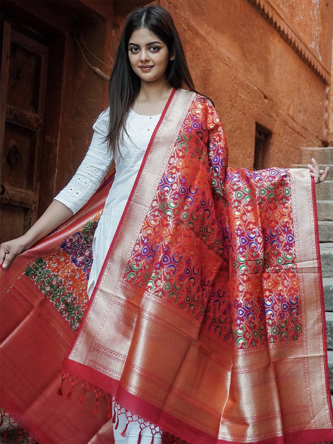 

Exotic India Ethnic Motifs Woven Design Dupatta with Zari, Maroon