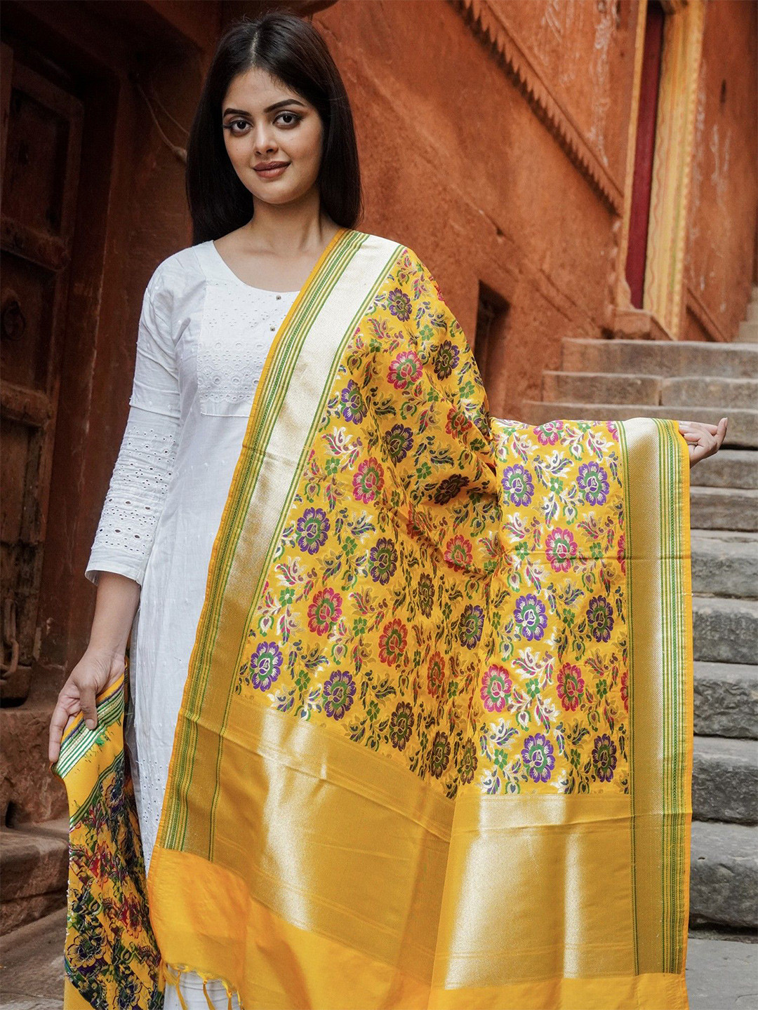 

Exotic India Ethnic Motifs Woven Design Dupatta with Zari, Yellow
