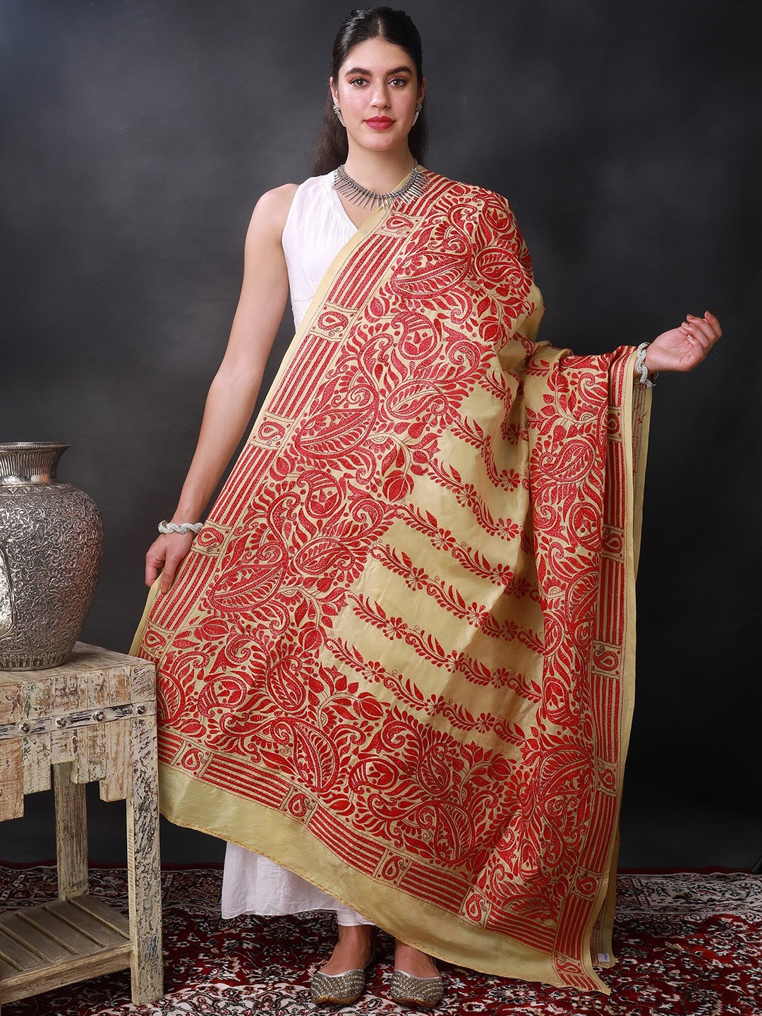 

Exotic India Embroidered Art Silk Dupatta, Gold
