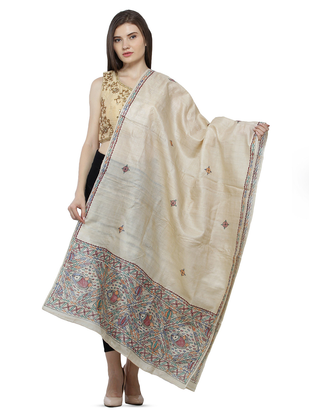 

Exotic India Women Ethnic Motifs Printed Dupatta, Cream