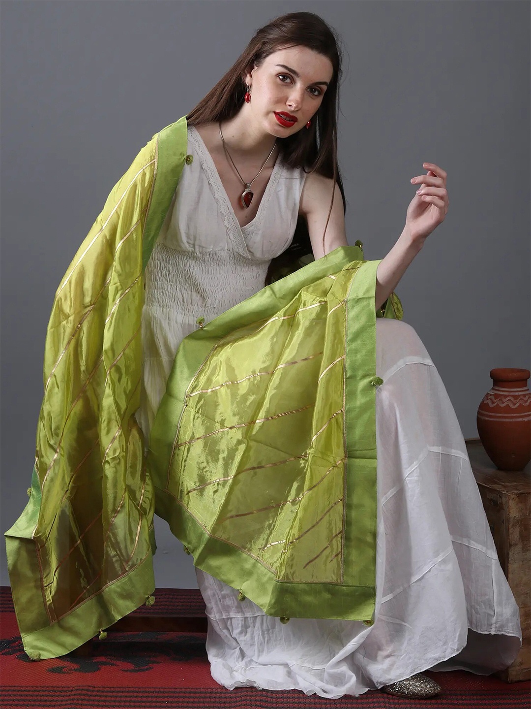 

Exotic India Lime Green Gota Silk Dupatta with Patch Border and Pom-Poms