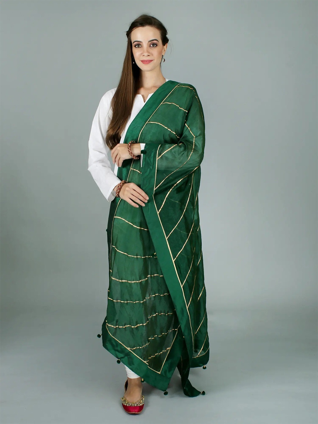 

Exotic India Women Striped Dupatta with Gotta Patti, Green