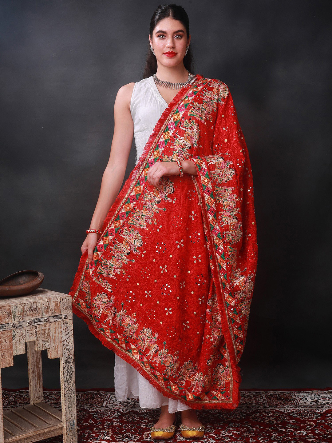 

Exotic India Women Ethnic Motifs Embroidered Dupatta with Phulkari, Red