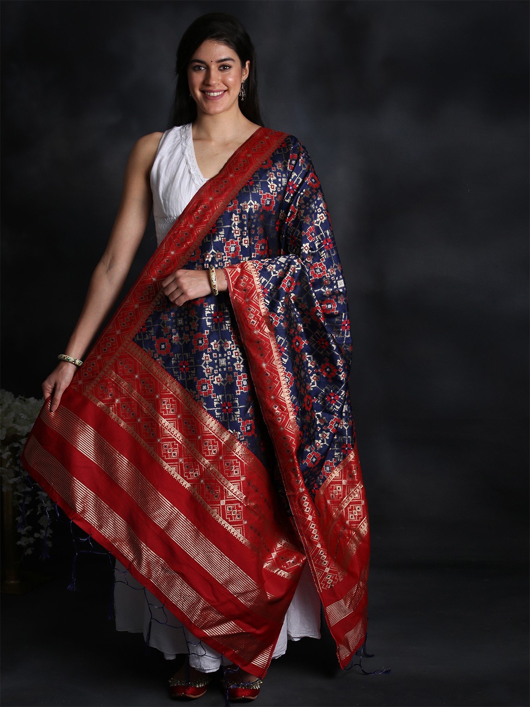 

Exotic India Women Ethnic Motifs Woven Design Pure Silk Dupatta with Zari, Blue