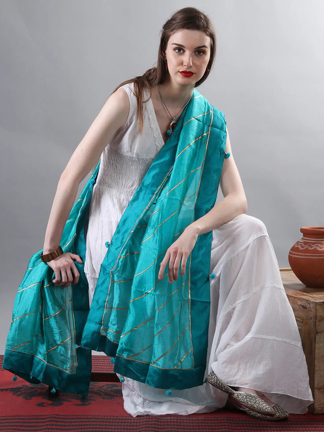 

Exotic India Women Striped Dupatta with Gotta Patti, Teal