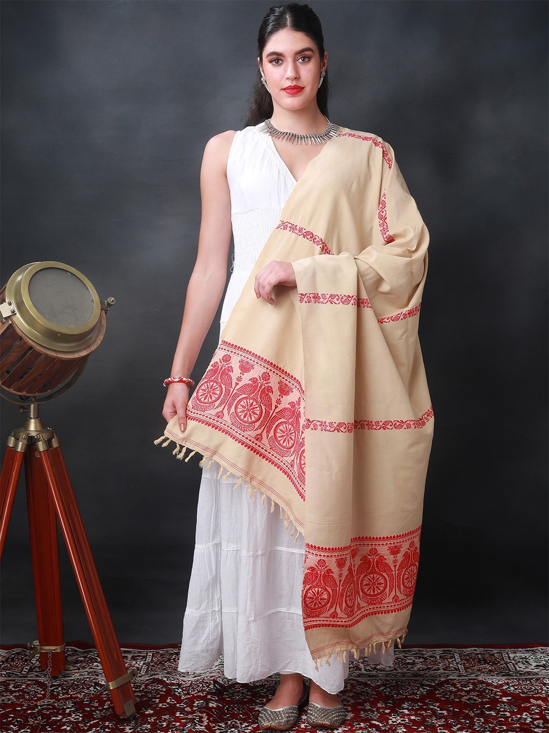 

Exotic India Beige Pure Cotton Dupatta With Red Parrot-Chakra Thread Work On Border