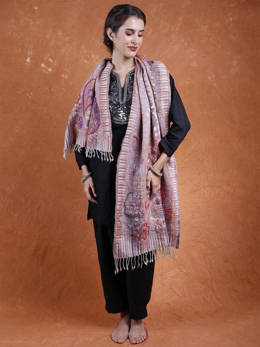 

Exotic India Multicolor Jamawar Crewel Embroidered Pure Wool Stole, Pink