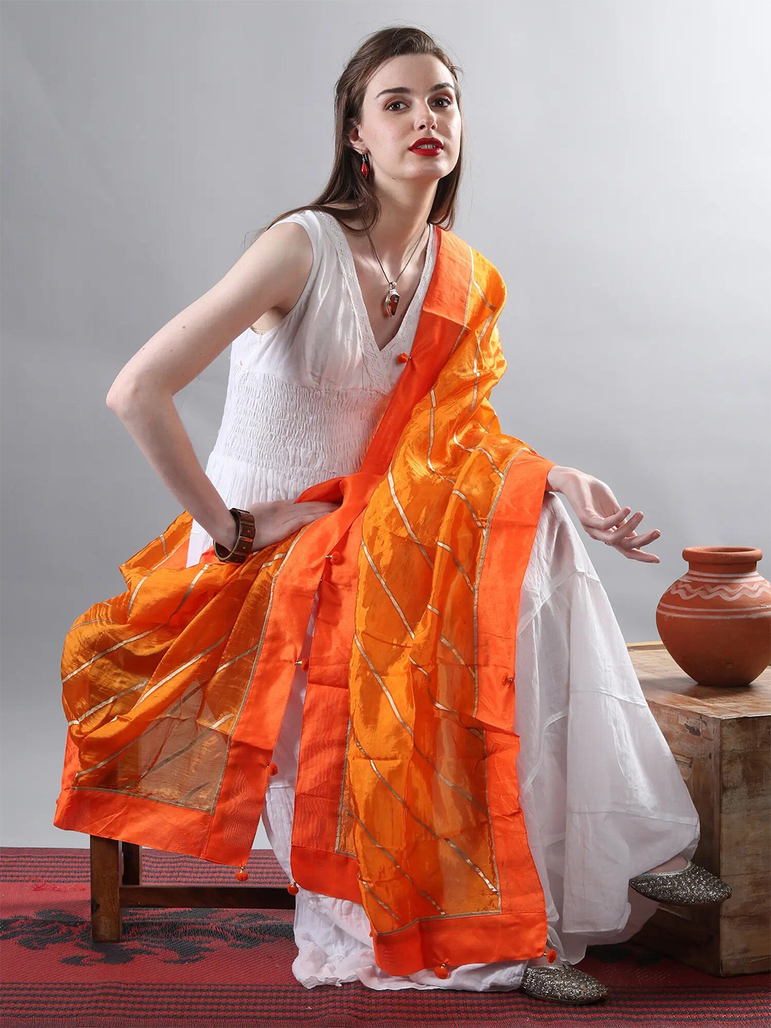 

Exotic India Striped Art Silk Dupatta with Gotta Patti, Orange