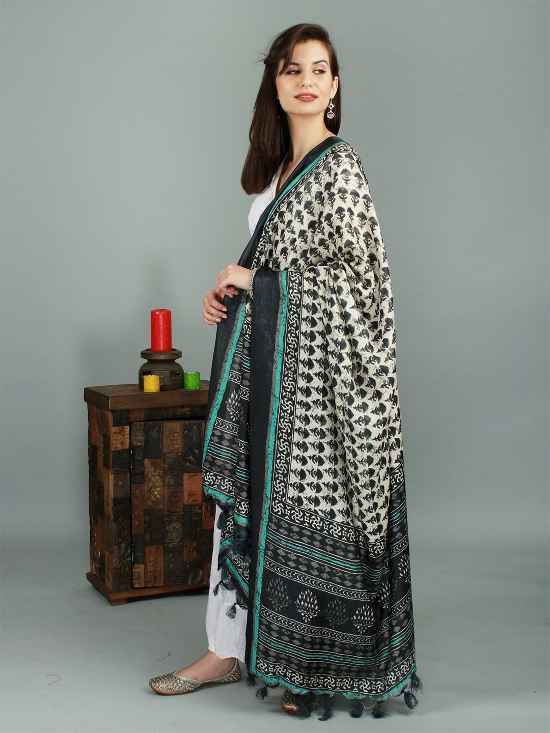 

Exotic India Ethnic Motifs Printed Dupatta, Black
