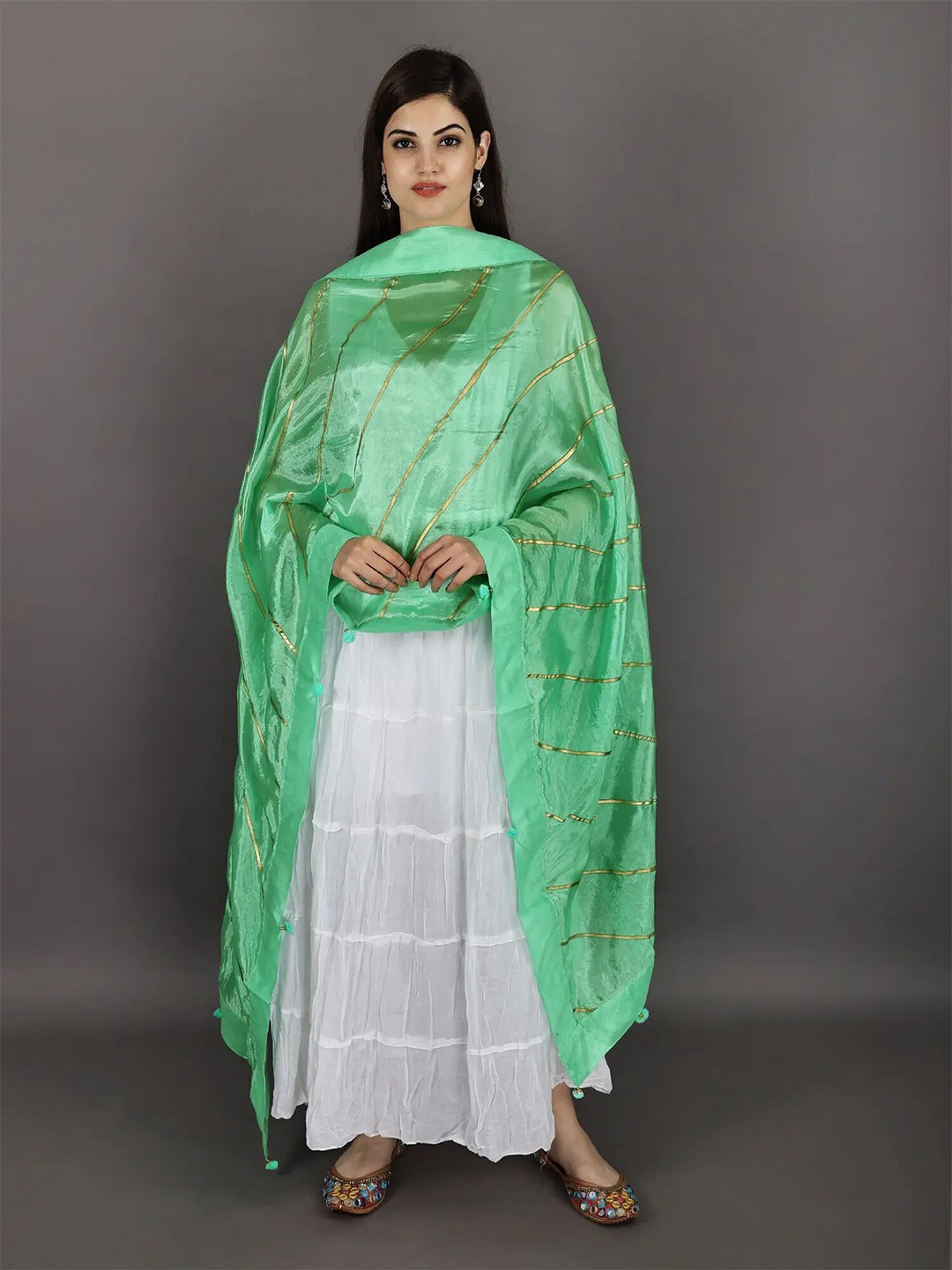 

Exotic India Spring Bud Gota Silk Dupatta with Patch Border and Pom-Poms, Sea green