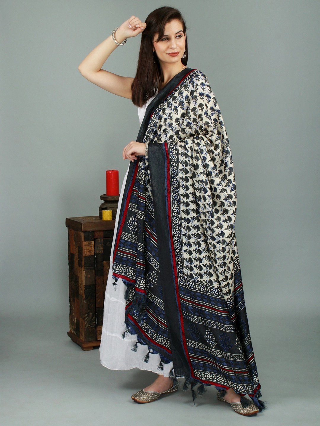 

Exotic India Ethnic Motifs Printed Dupatta, Red