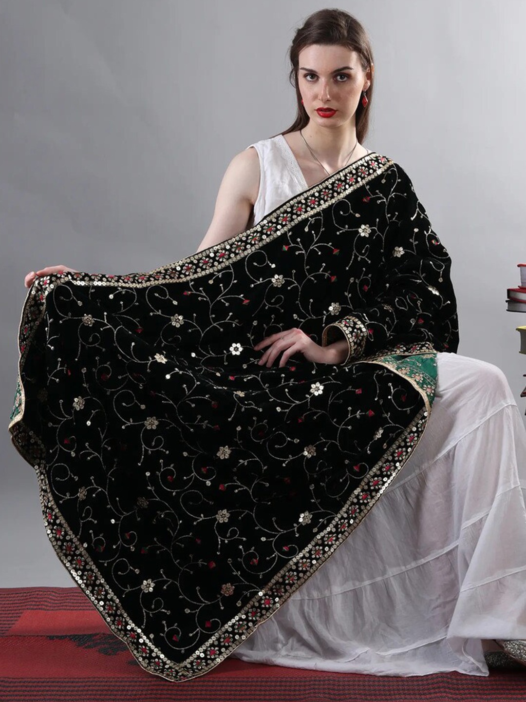 

Exotic India Bottle Green Velvet Dupatta with Zari and Sequinned Flower Embroidered Bails