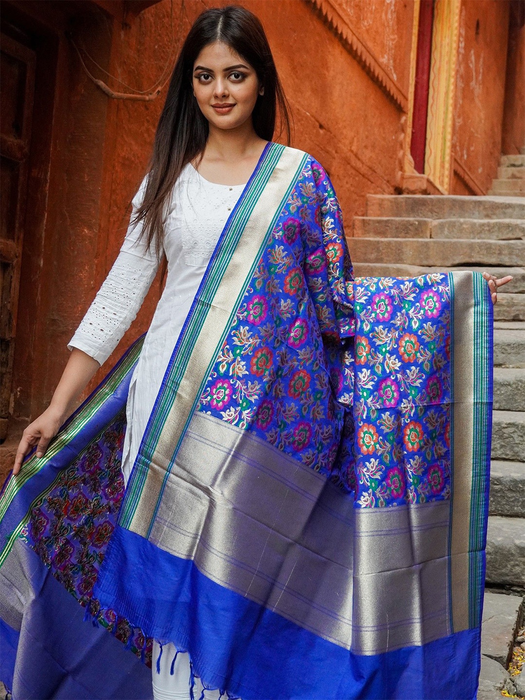 Exotic India Ethnic Motifs Woven Design Dupatta with Zari, Blue