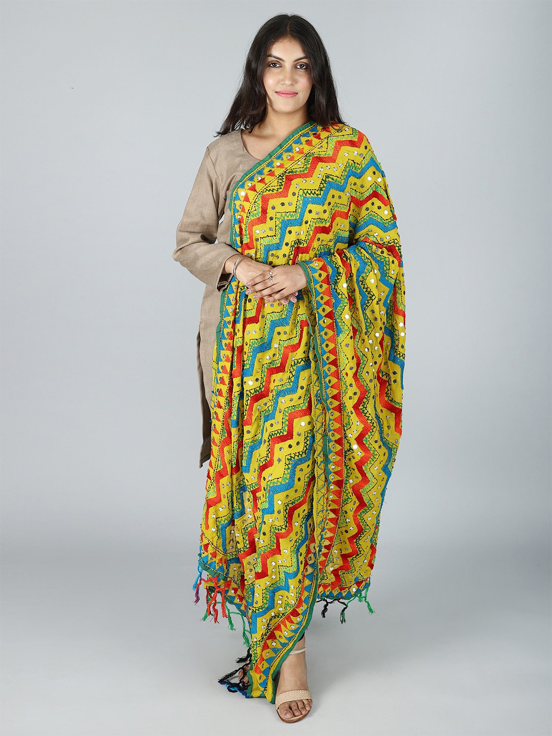 

Exotic India Women's Embroidered Phulkari Dupatta, Mustard