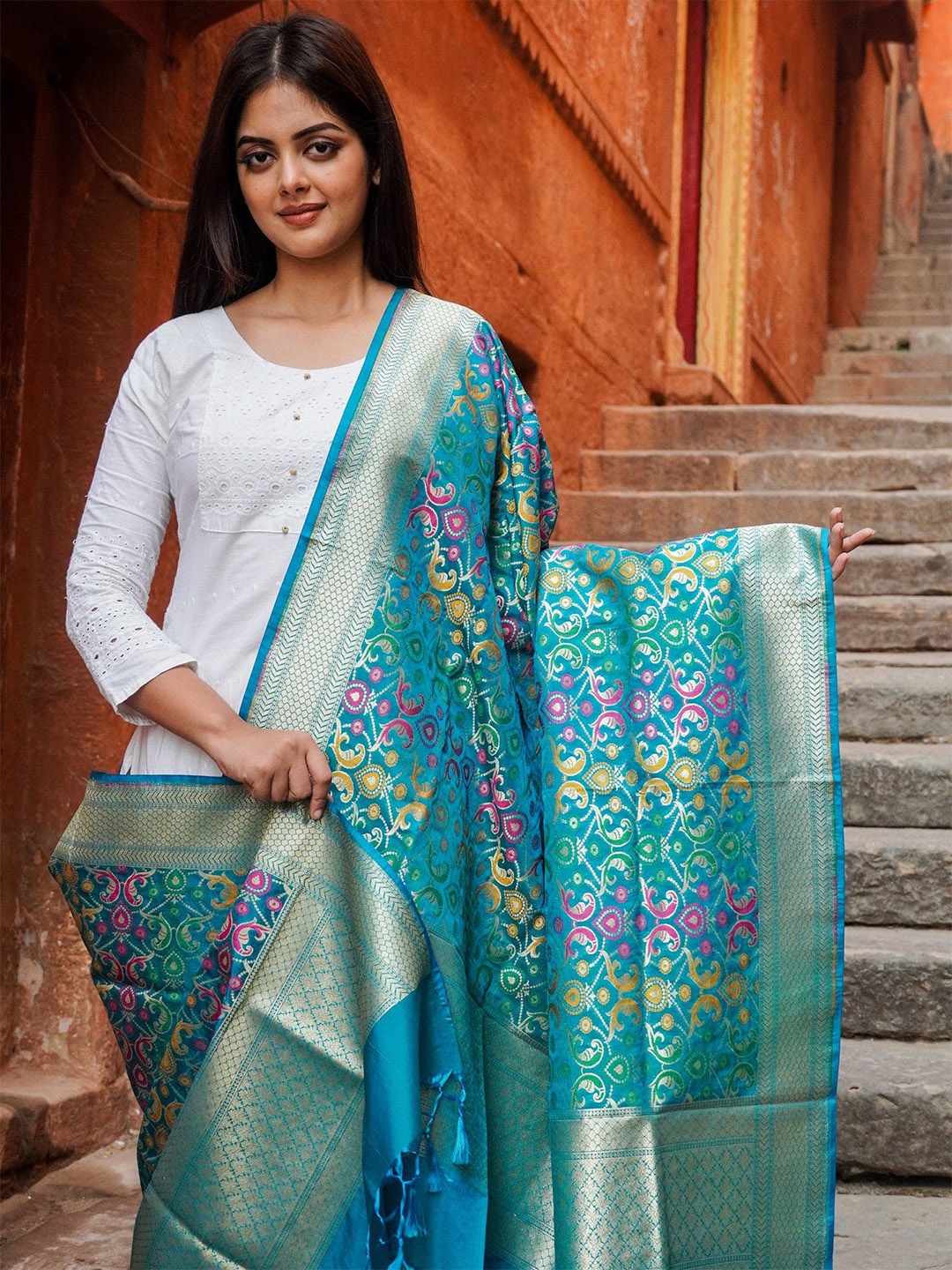 

Exotic India Ethnic Motifs Woven Design Dupatta with Zari, Blue