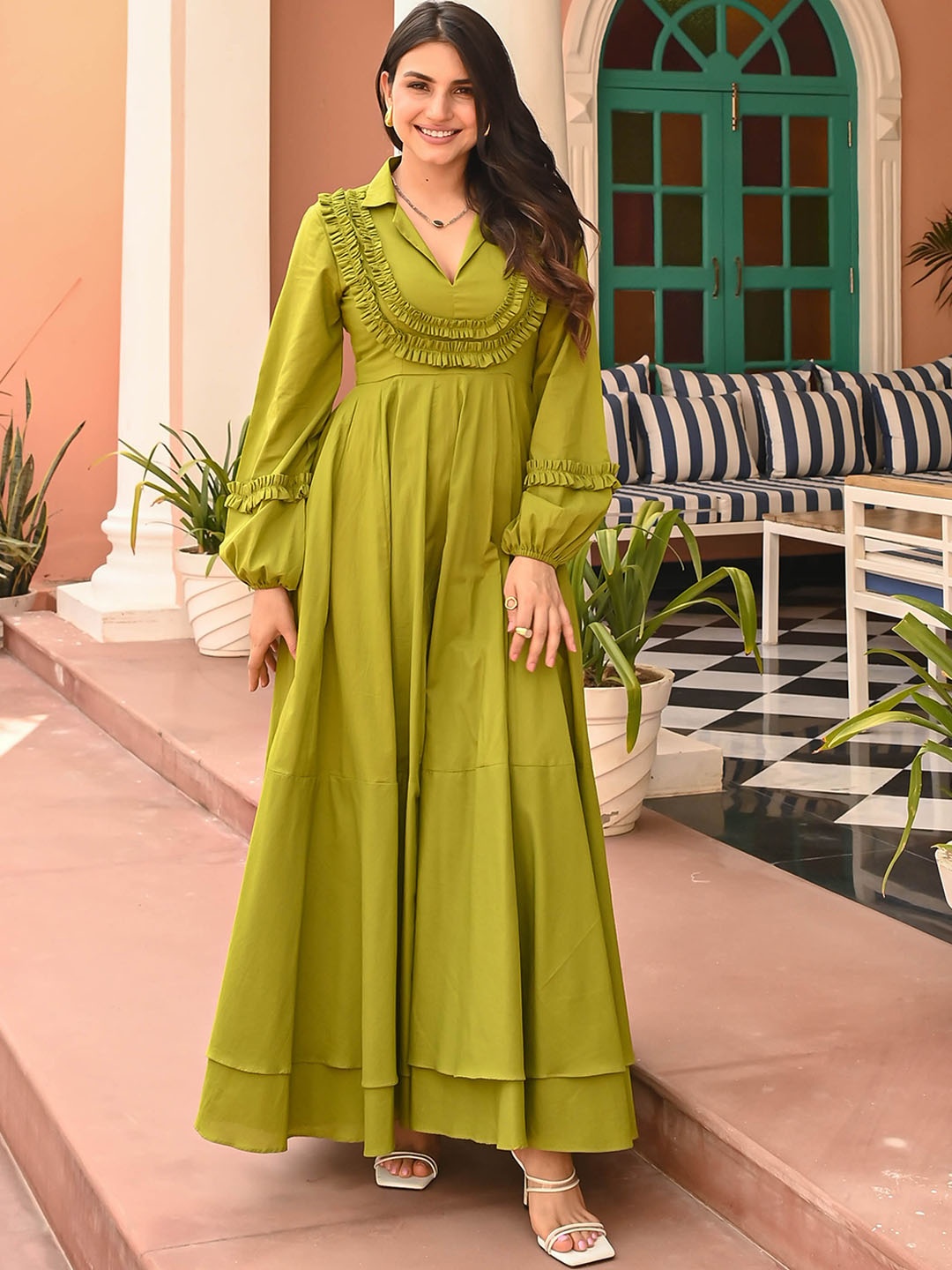 

Bunaai Cotton Fit & Flared Maxi Ethnic Dresses, Green