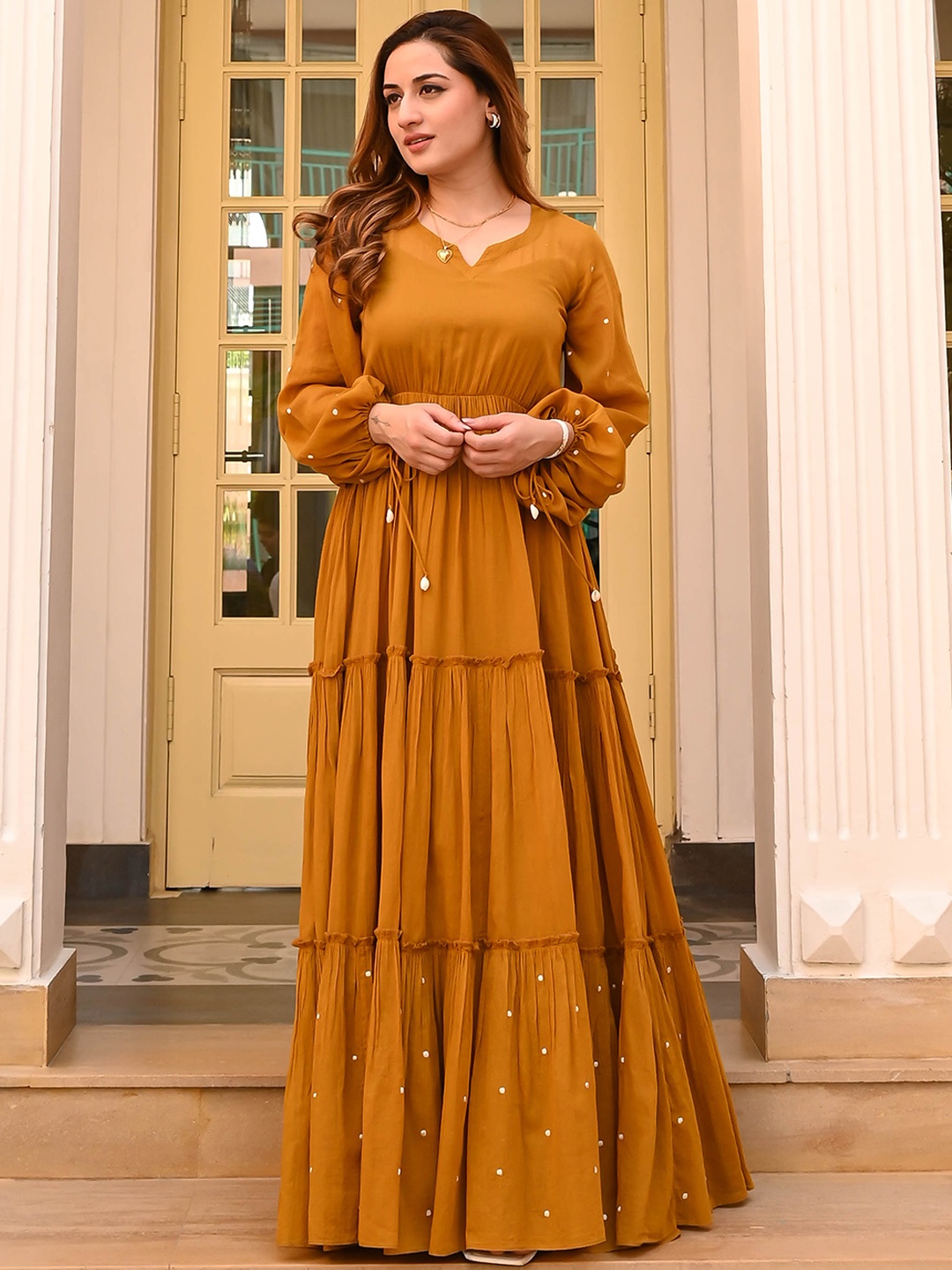 

Bunaai Embroidered Cotton Maxi Ethnic Dresses, Mustard
