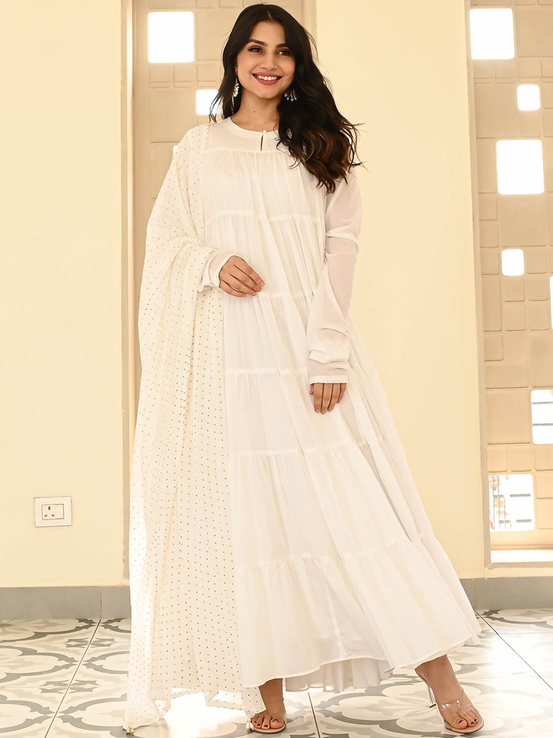 

Bunaai Flared Ethnic Maxi Gown Dresses With Dupatta, White