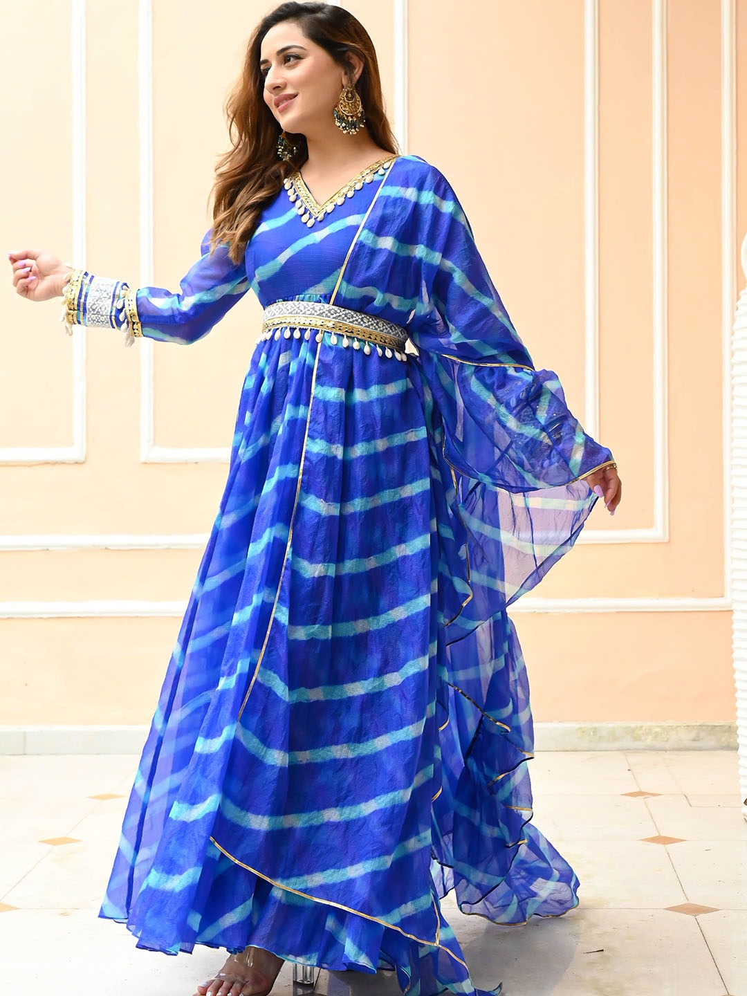 

Bunaai Leheriya Printed Ethnic Maxi Dress With Dupatta, Blue