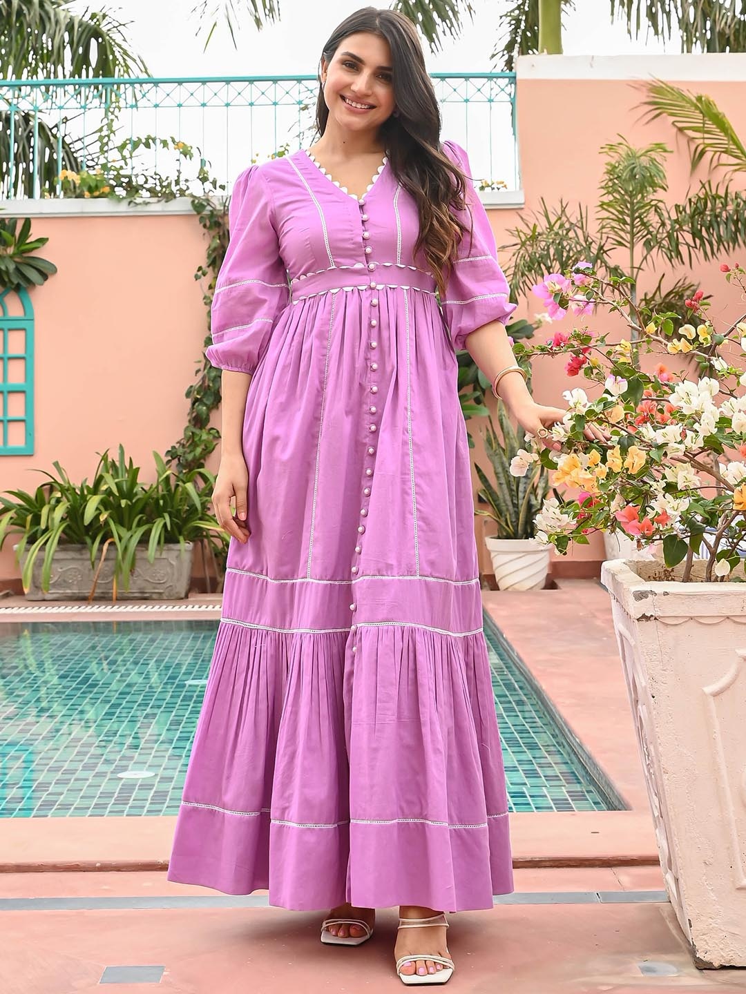 

Bunaai Cotton Fit & Flared Maxi Ethnic Dresses, Purple