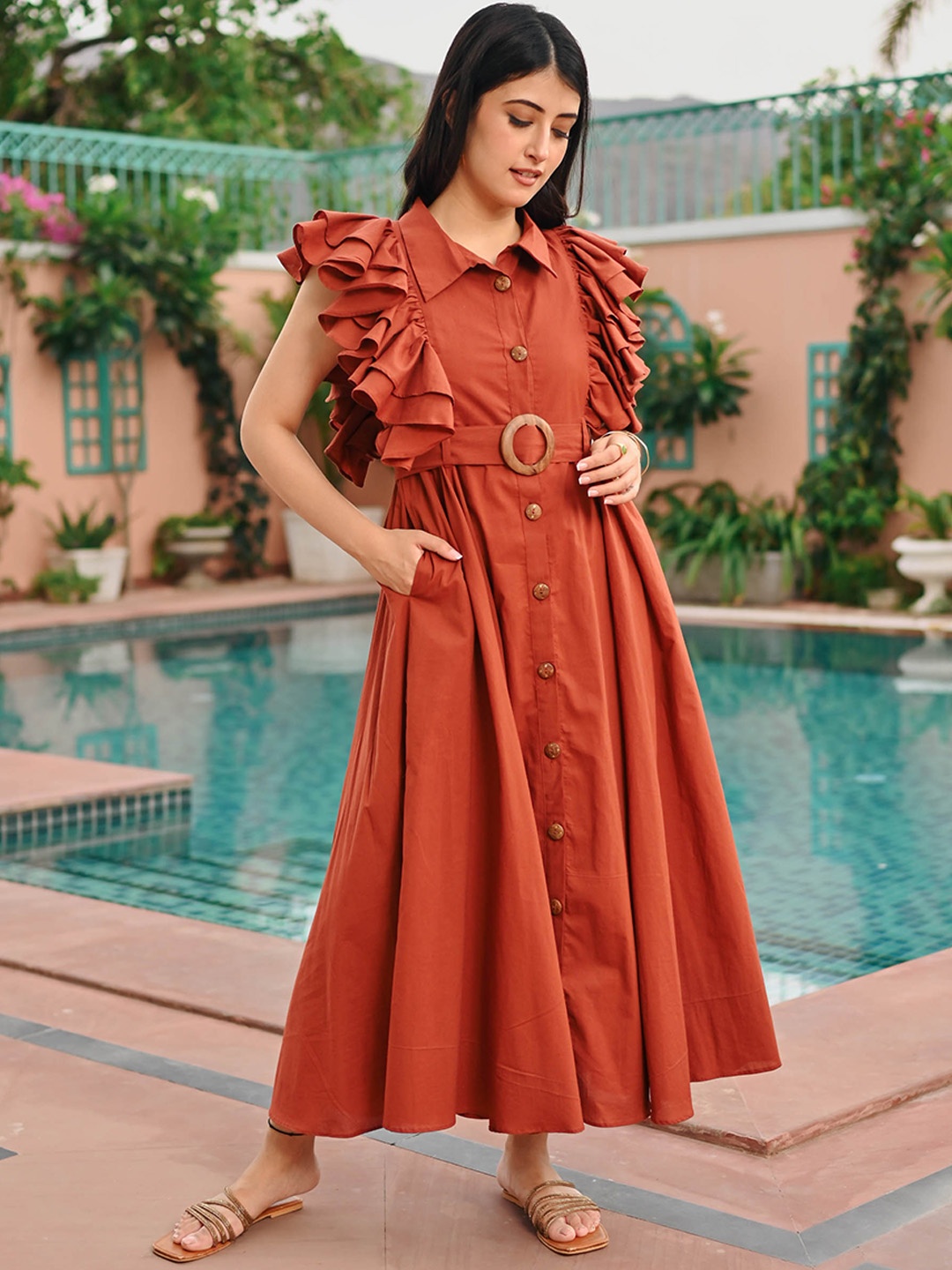 

Bunaai Solid Tiered Cotton Ethnic Maxi Dress, Brown