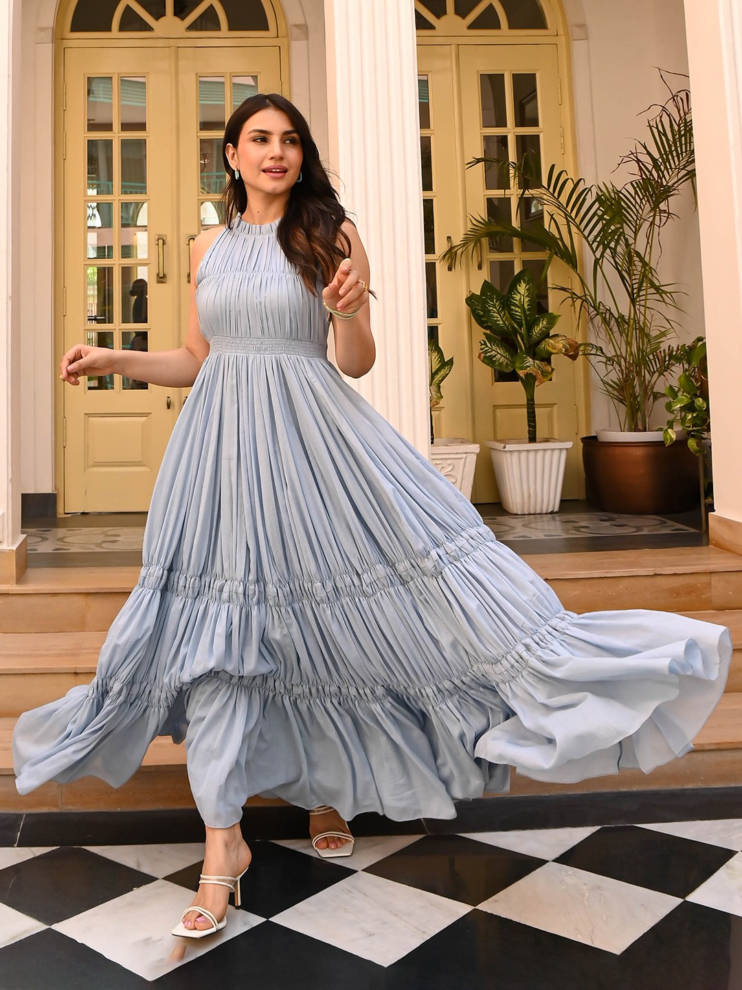

Bunaai Flared Cotton Ethnic Maxi Gown Dresses, Blue