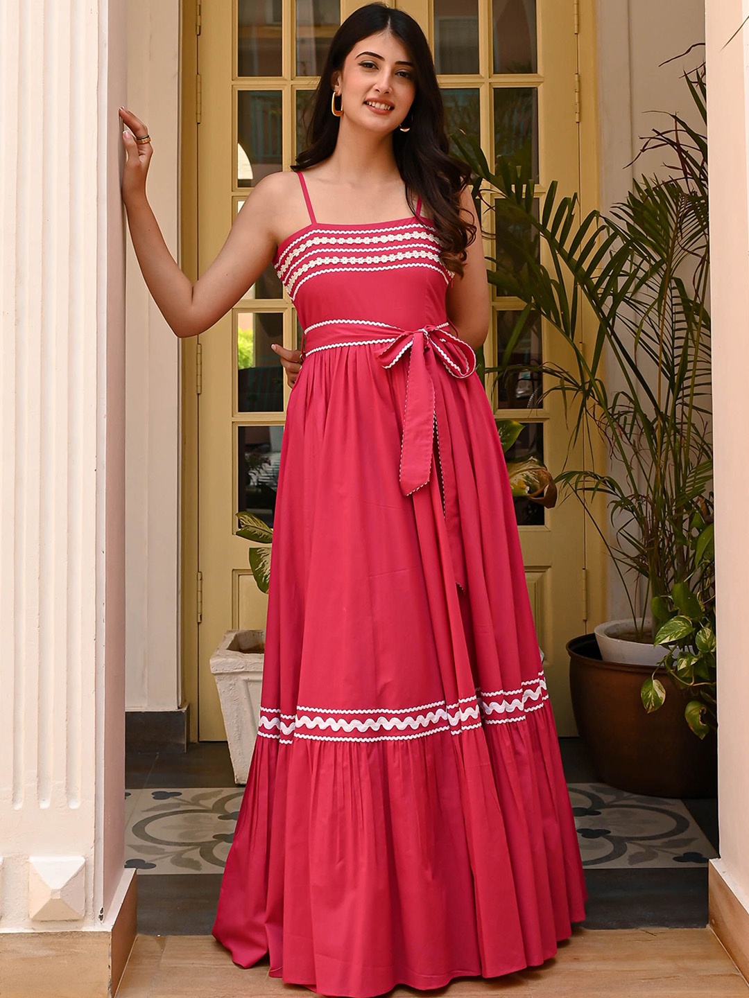 

Bunaai Woven Design Flared Ethnic Dresses, Peach
