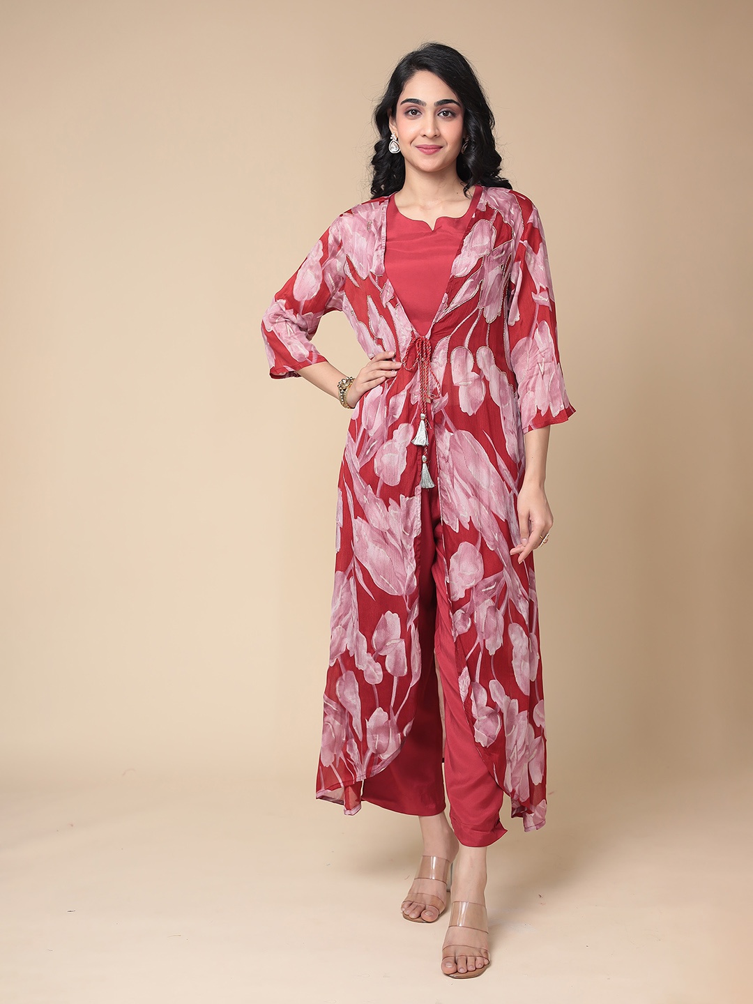 

ZARI Women Solid Top & Trousers with Embroidered Shrug, Red