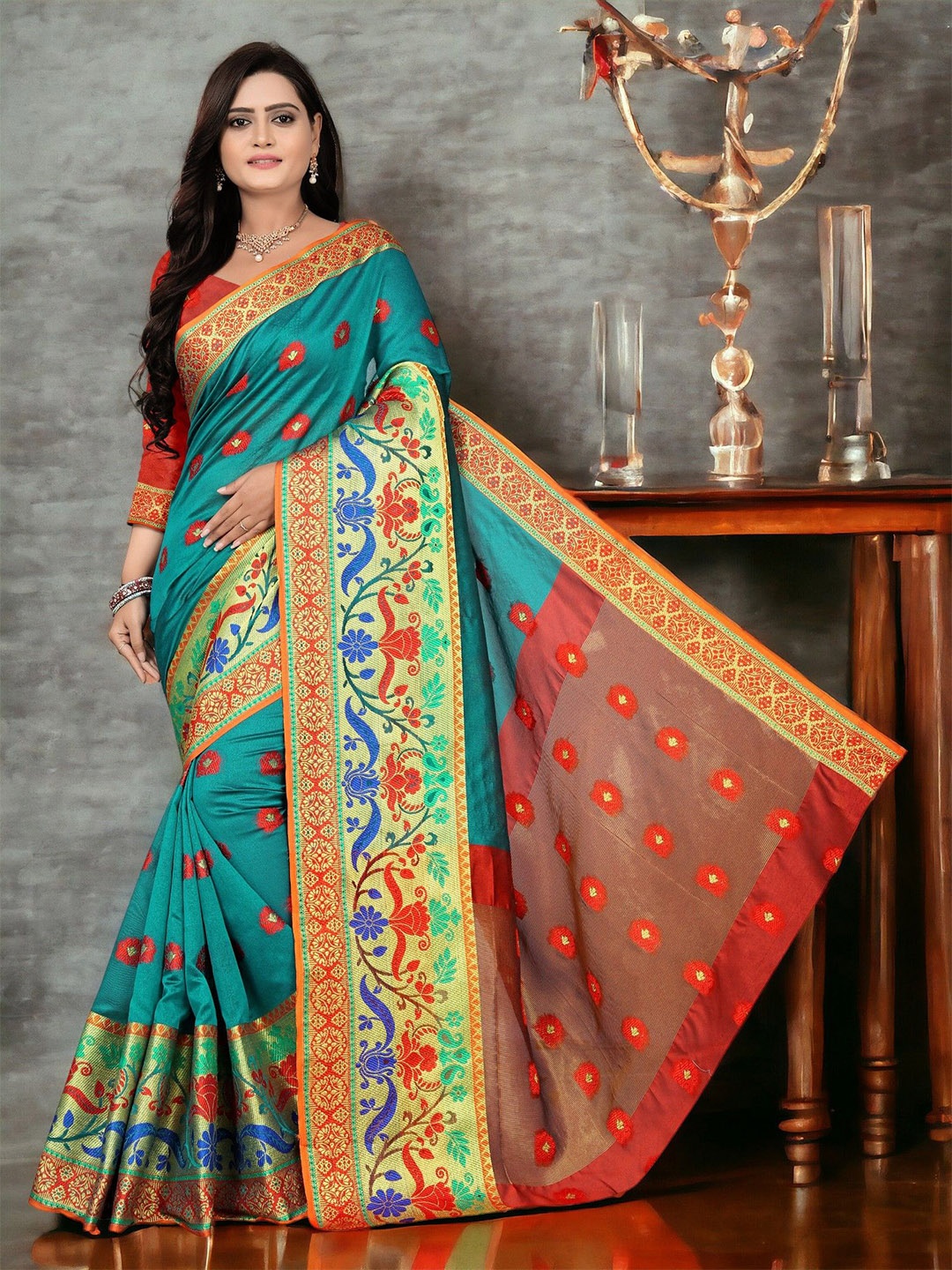 

CARTYSHOP Ethnic Motifs Zari Silk Blend Banarasi Saree, Sea green