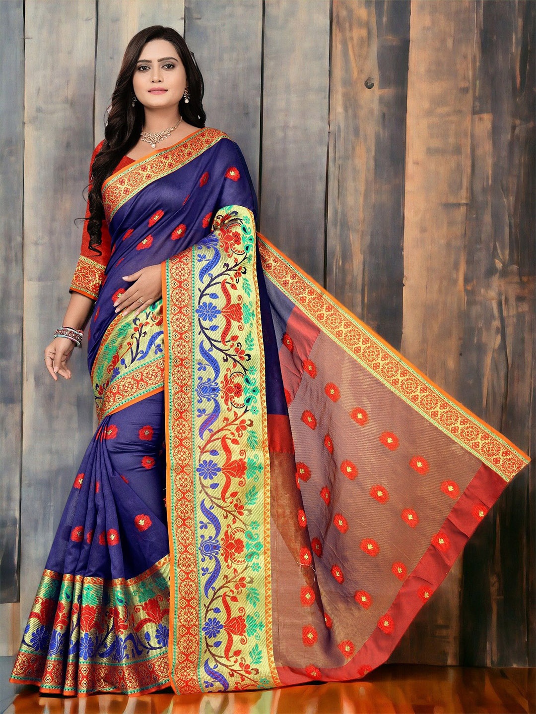 

CARTYSHOP Ethnic Motifs Zari Silk Blend Banarasi Saree, Blue