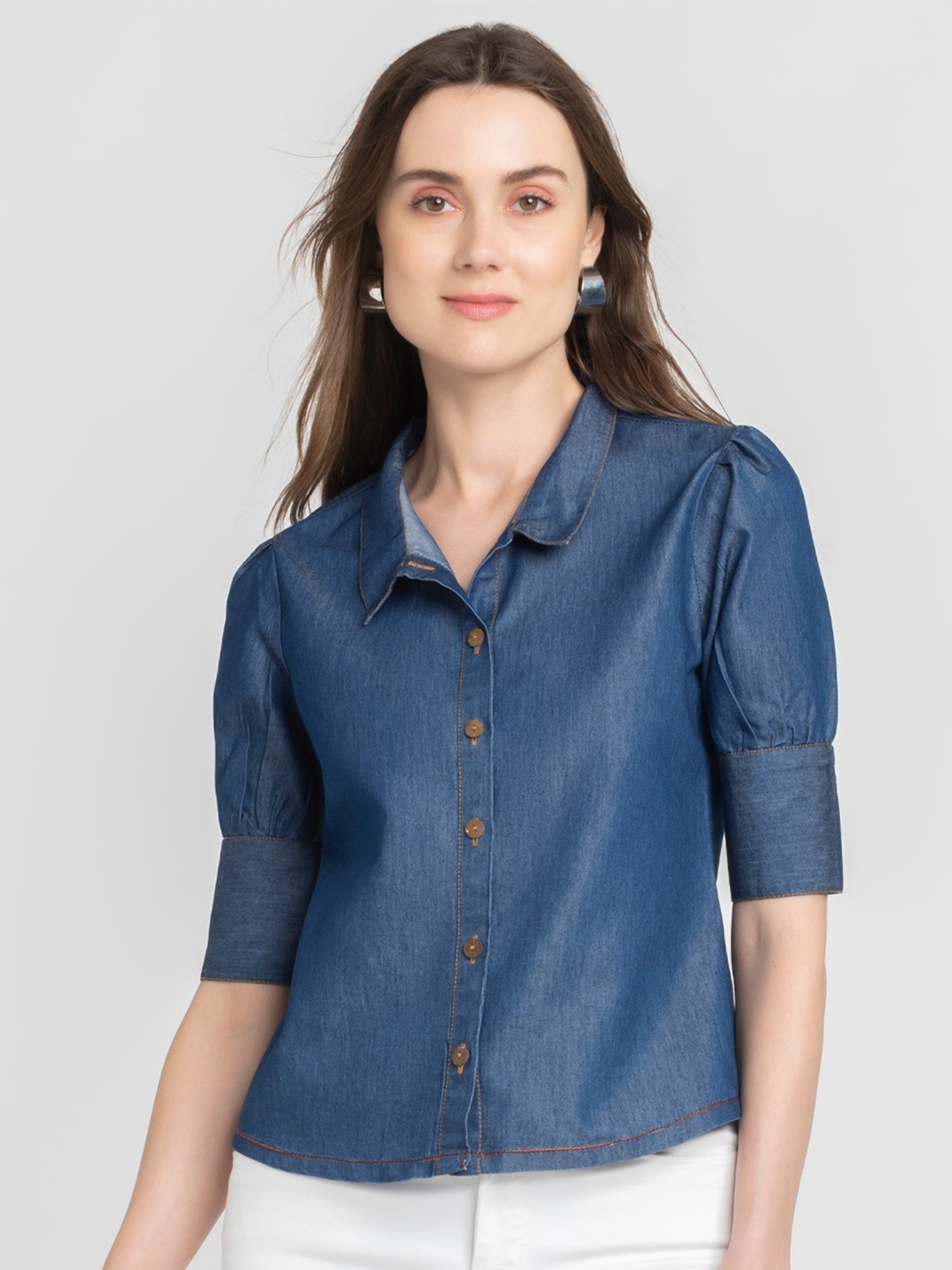 

SHAYE Solid Puff Sleeve Denim Shirt Style Top, Blue