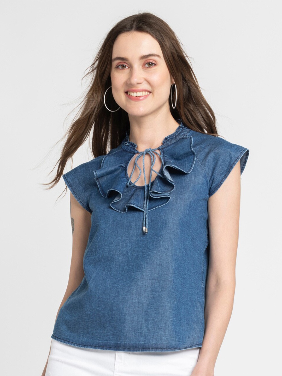 

SHAYE Solid Indigo Tie-Up Neck Denim Top, Blue